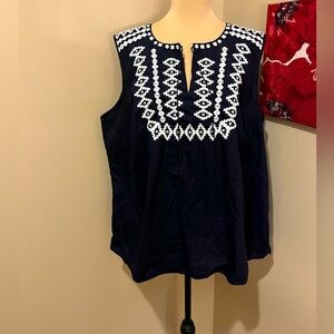 Talbot Navy Sleeveless Embroidered Boho Blouse, size 3X